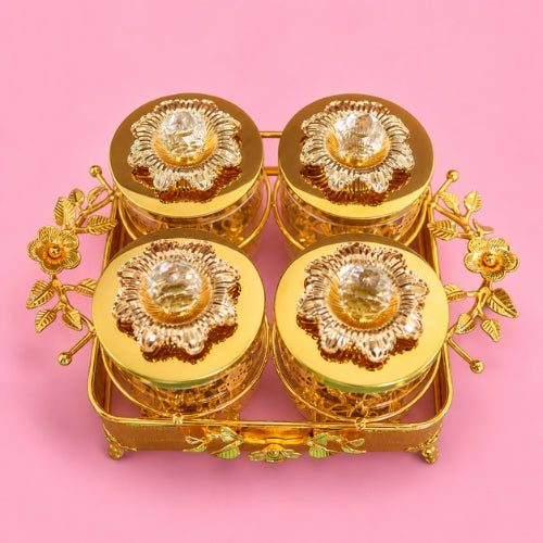LUXURY 4- BOWL  GLASS DRY FRUIT  AND SNACK SERVING  JAR SET WITH A  GOLD PLATED STAND  (1 PC) 13255