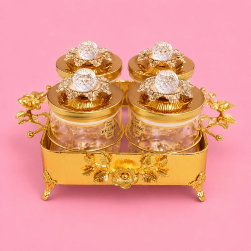 LUXURY 4- BOWL  GLASS DRY FRUIT  AND SNACK SERVING  JAR SET WITH A  GOLD PLATED STAND  (1 PC) 13255