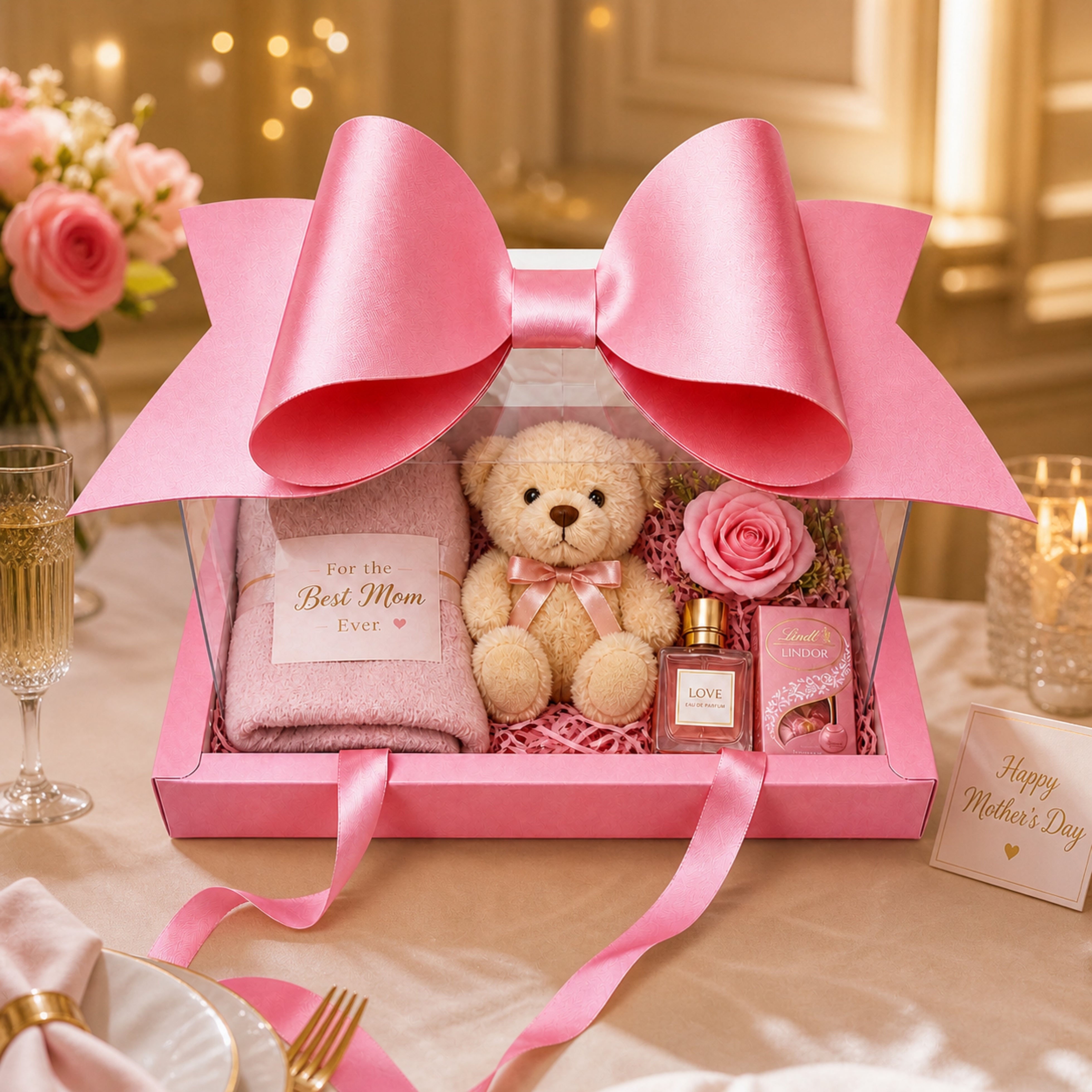 GIFT PACKING BOW BOX WITH RIBBON ( PINK )(Set of 4 PCS) (Barcode 13865)