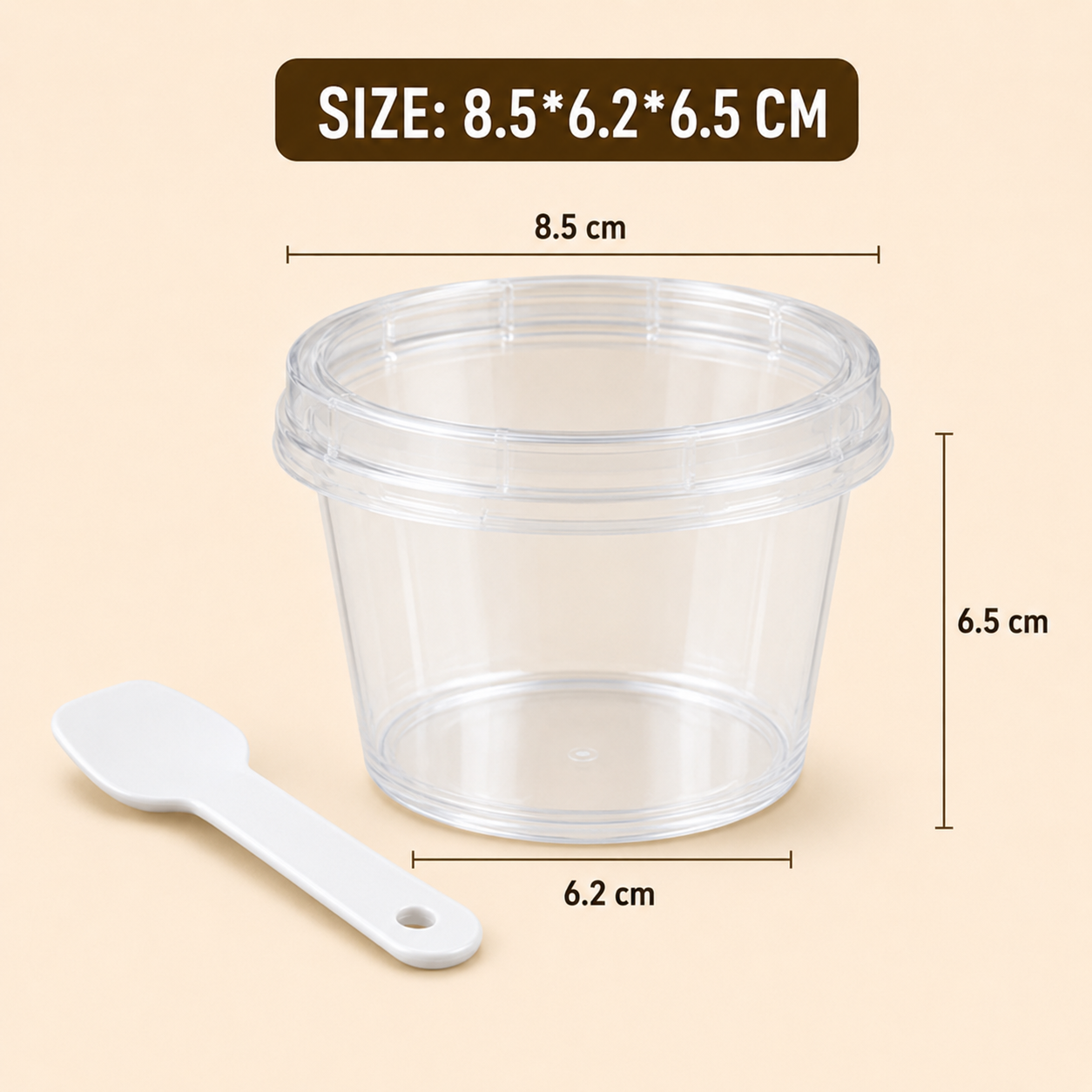 PLASTIC ROUND DESSERT CUP WITH LID AND SPOON 8.5/6.2*6. 5 CM 1 PC 13228