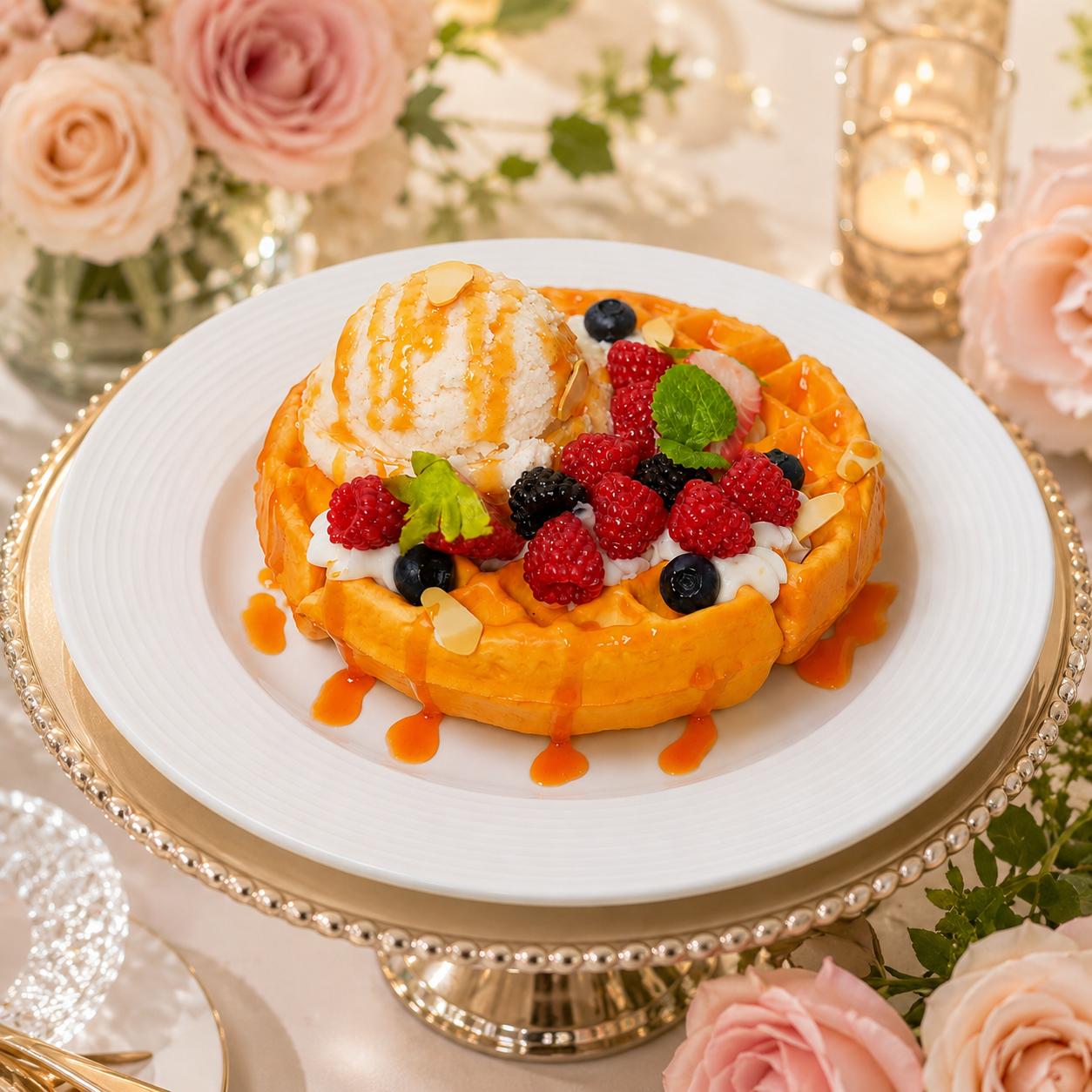 ARTIFICIAL FOOD MANGO WAFFLE TOPPING ICE CREAM WITH FRESH BERRIES (1 PC) 13611 2074-15