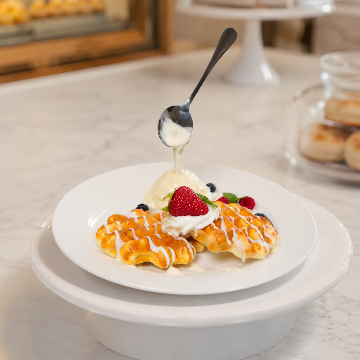 ARTIFICIAL FOOD DUMMY BELGIAN WAFFLE SCOOP OF VANILLA ICE CREAM WITH SPOON (1 PC) 13610 2074-14