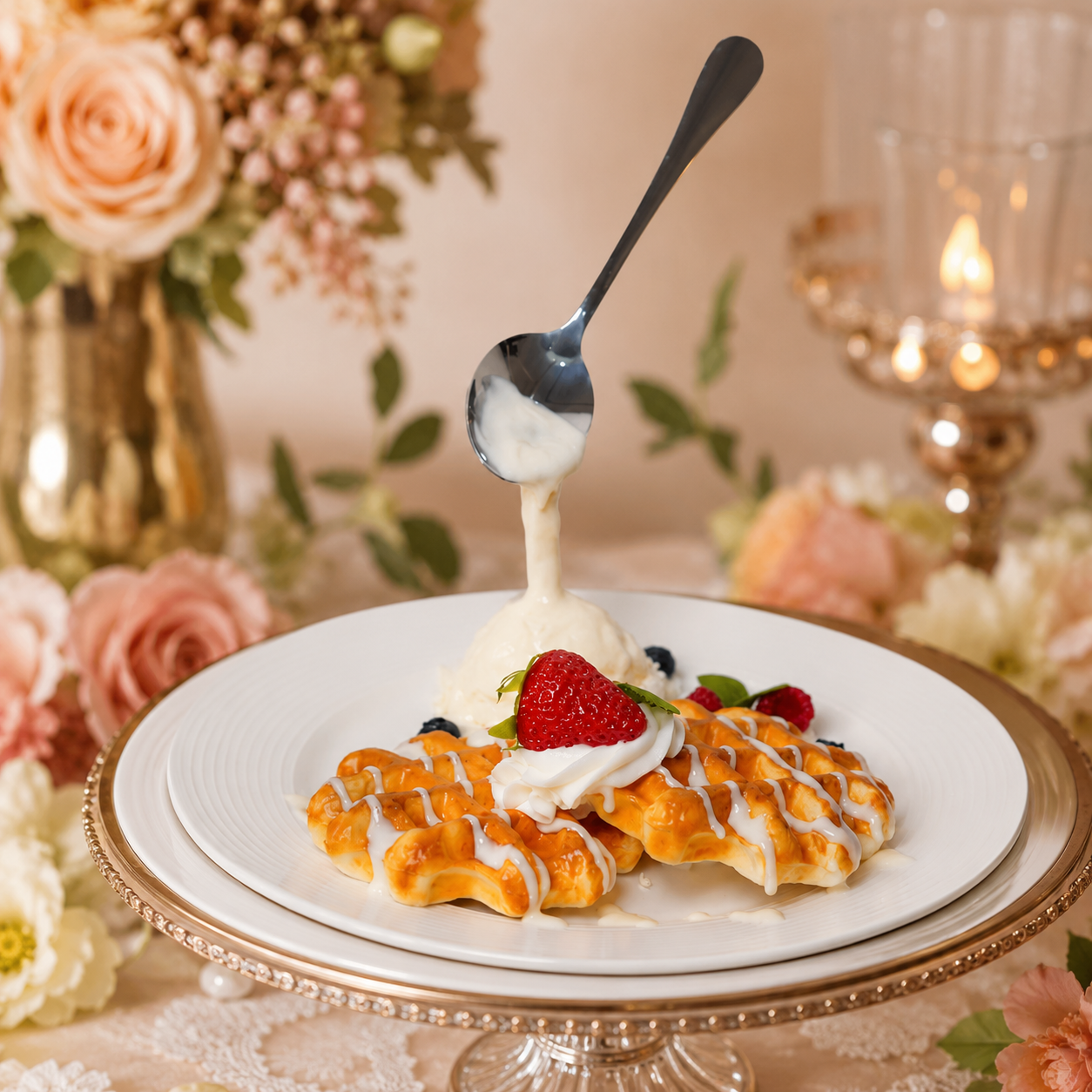 ARTIFICIAL FOOD DUMMY BELGIAN WAFFLE SCOOP OF VANILLA ICE CREAM WITH SPOON (1 PC) 13610 2074-14