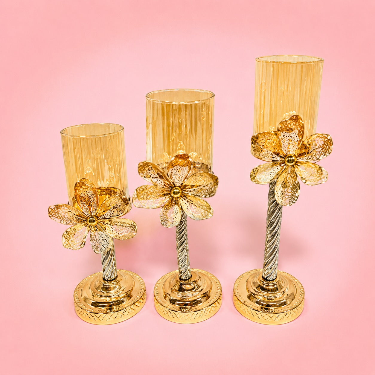 CRYSTAL FLOWER  HURRICANE CANDLE  HOLDER STAND (3  PCS ) 13258