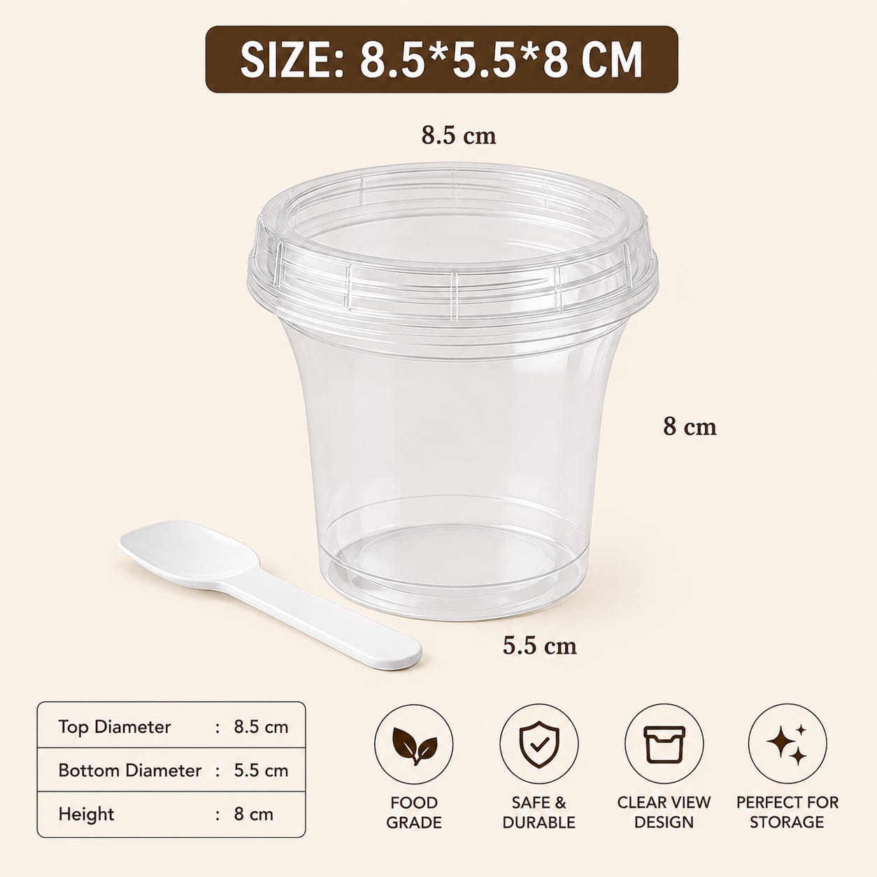 PLASTIC ROUND DESSERT CUP WITH LID AND SPOON 8.5/5.5*8 CM 1 PC 13927