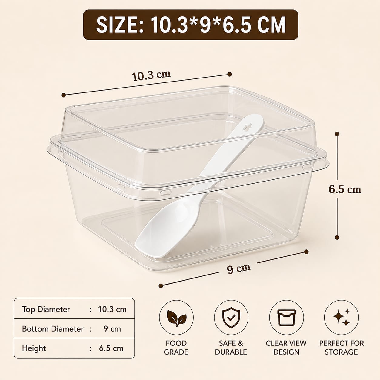 PLASTIC SQUARE DESSERT CUP WITH LID AND SPOON 10.3/9*6.5 CM 1 PC 13930