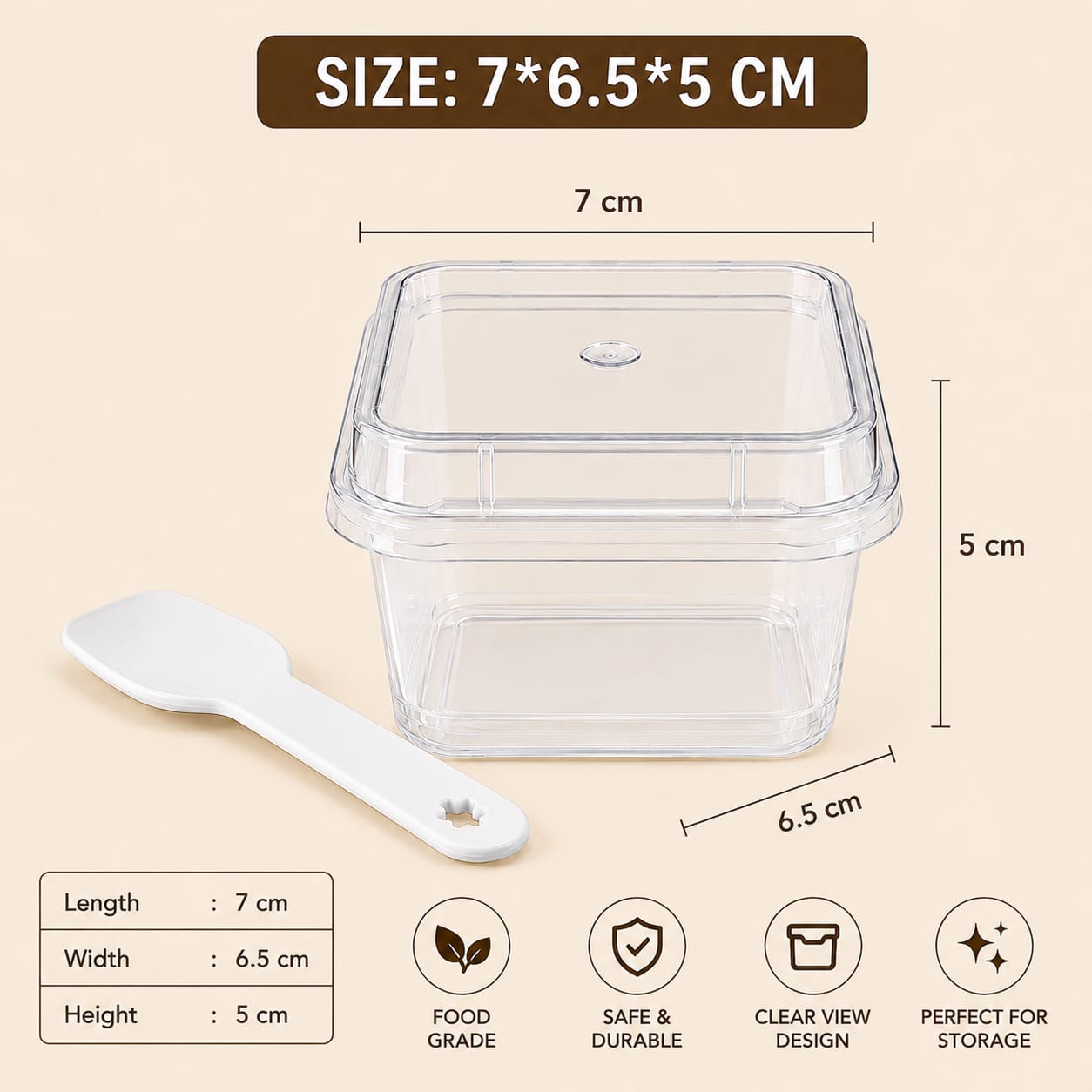 PLASTIC SQUARE DESSERT CUP WITH LID AND SPOON 7/6.5*5 CM 1 PC 13929