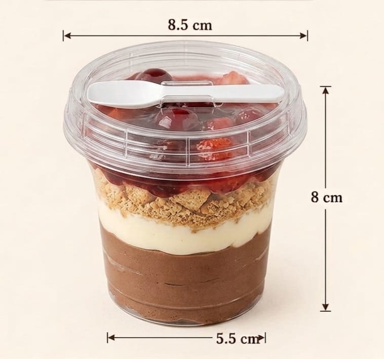 PLASTIC ROUND DESSERT CUP WITH LID AND SPOON 8.5/5.5*8 CM 1 PC 13927