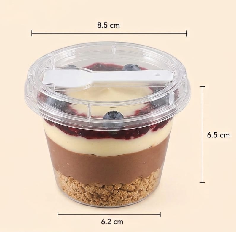 PLASTIC ROUND DESSERT CUP WITH LID AND SPOON 8.5/6.2*6. 5 CM 1 PC 13228