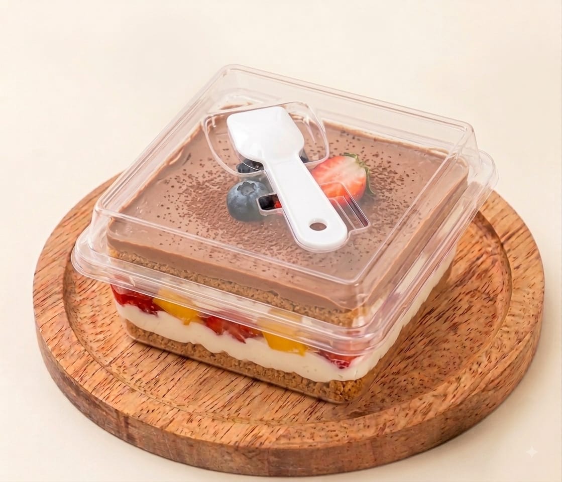 PLASTIC SQUARE DESSERT CUP WITH LID AND SPOON 10.3/9*6.5 CM 1 PC 13930